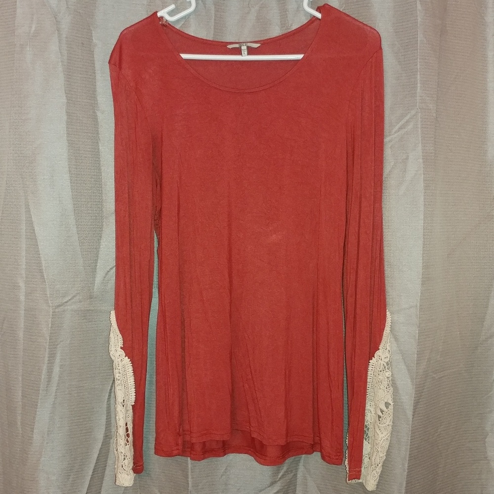 BKE Burnt Orange Crochet Long Sleeve Shirt